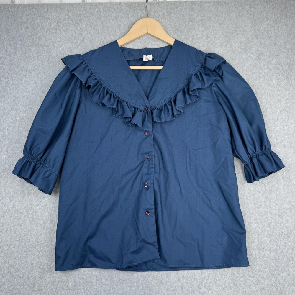 Vintage Malco Modes Blouse Womens Medium Teal Blue Ruffle Collar Western Prairie